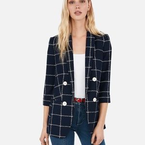 Express NWT Blue/White Windowpane Double Breasted Boyfriend Jacket Sz XS